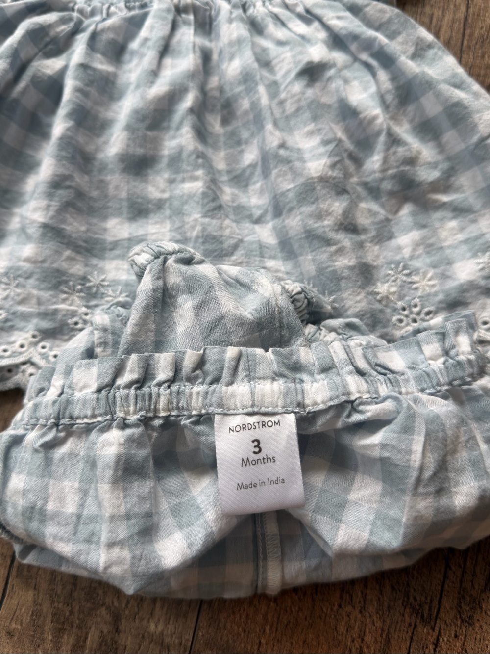 Nordstrom Baby Gingham Eyelet Dress & Bloomer Set Blue 3M 100% Cotton - Picture 4 of 4